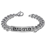 Stainless Steel Black Silver-Tone Mens Greek Key Link Chain Bracelet