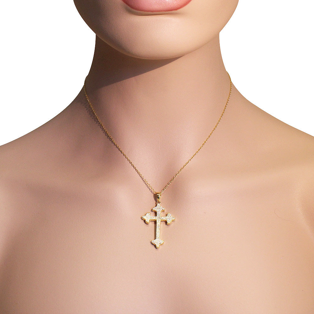 925 Sterling Silver Yellow Gold-Tone Clear CZ Religious Cross Pendant Necklace