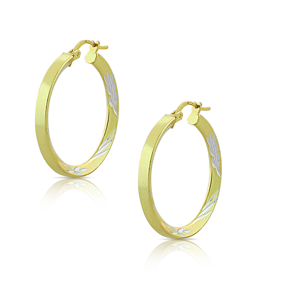 925 Sterling Silver Two-Tone Floral Design Round Hoop Earrings, 0.95"