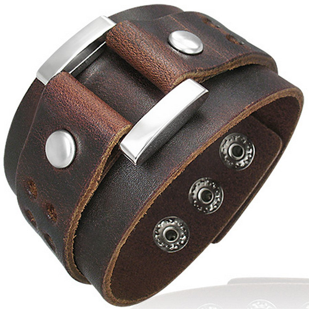 My Daily Styles Brown Black Leather Stainless Steel Belt Buckle Snap Unisex Bracelet