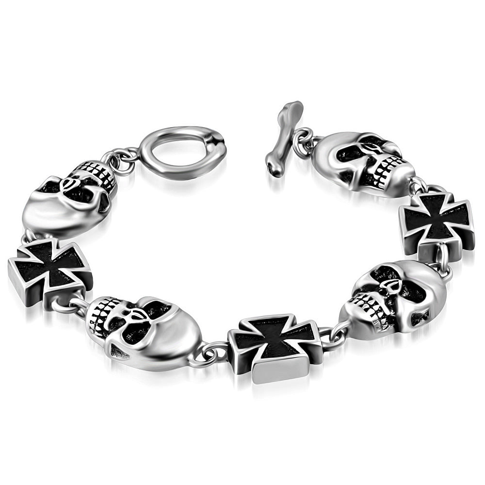 Stainless Steel Silver-Tone Skull Link Chain Mens Bracelet