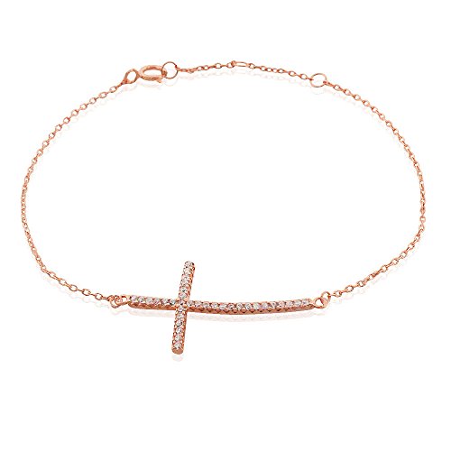 925 Sterling Silver Yellow Gold-Tone Sideways White CZ Cross Link Chain Bracelet
