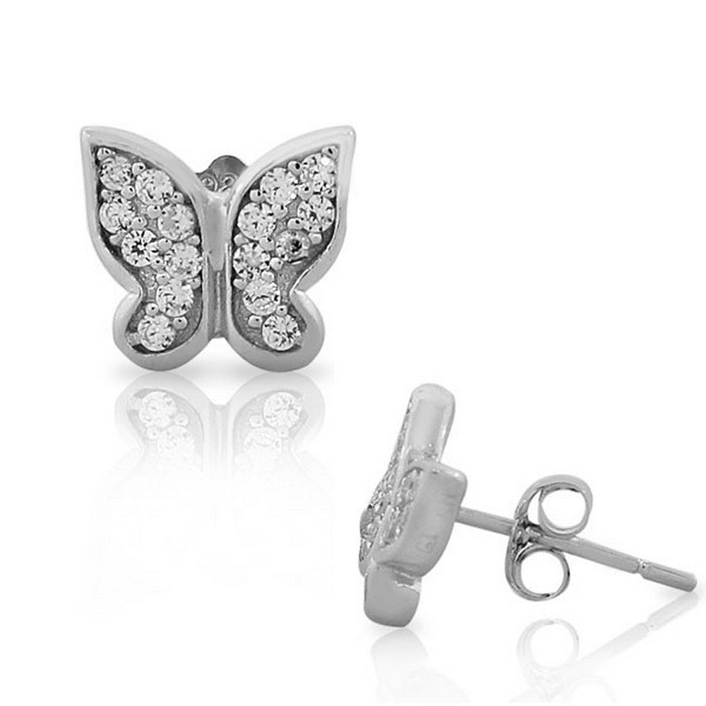 925 Sterling Silver Classic White CZ Butterfly Womens Girls Stud Earrings