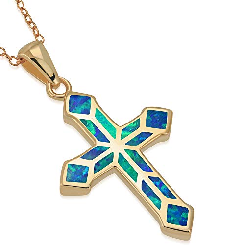 925 Sterling Silver Rose Gold-Tone Blue Opal Religious Latin Cross Pendant Necklace