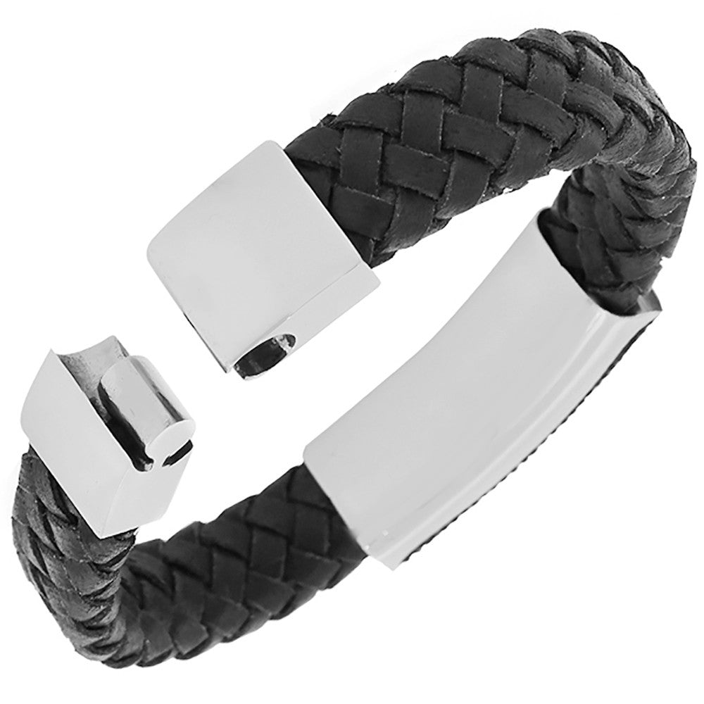 Stainless Steel Black Leather CZ Bracelet