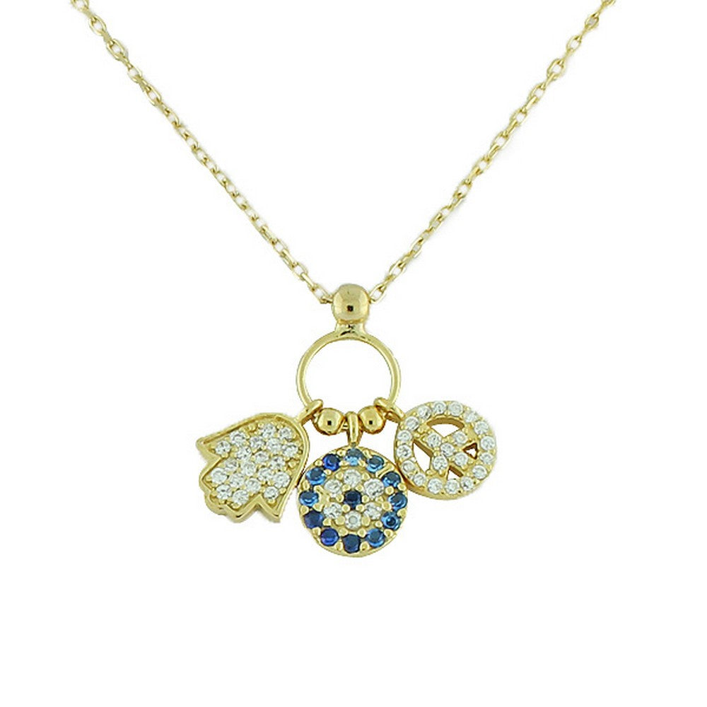 Gold Hamsa Evil Eye Peace Charm Necklace Pendant Sterling Silver