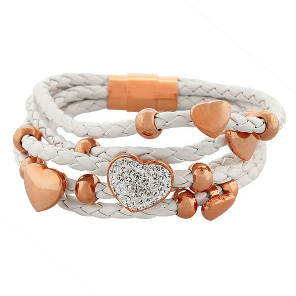 Fashion Alloy White Faux PU Leather Rose Gold-Tone CZ Love Heart Multi-Row Layer Bracelet