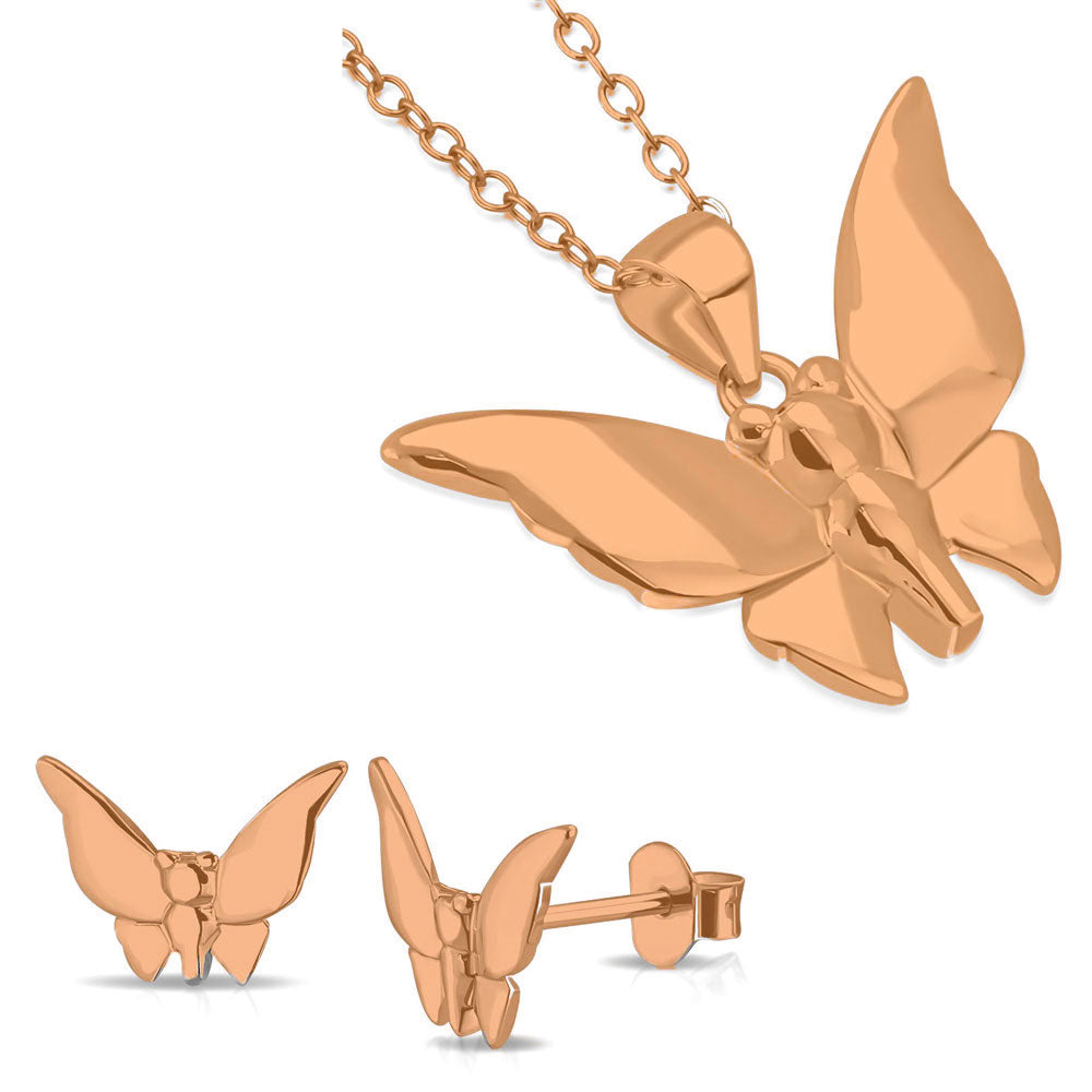 925 Sterling Silver Polished Butterfly Pendant Necklace Stud Earrings Jewelry Set, 18"