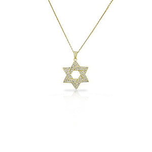 925 Sterling Silver Yellow Gold-Tone Jewish Star of David White CZ Statement Pendant Necklace