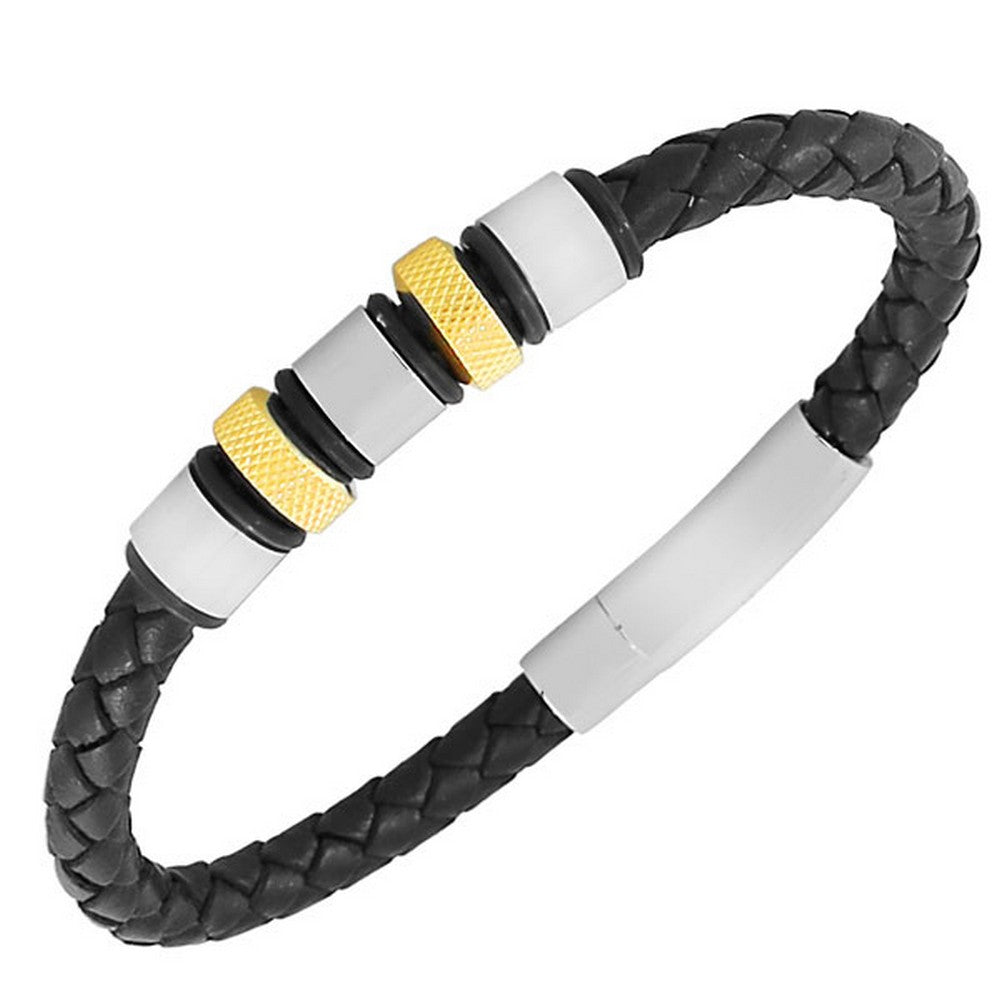 Stainless Steel Black Faux PU Leather Two-Tone Men's Bracelet