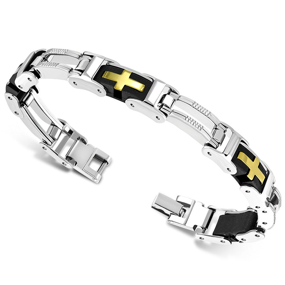 Stainless Steel Silver-Tone Black Gold-Tone Religious Cross Men's Link Bracelet, 8"