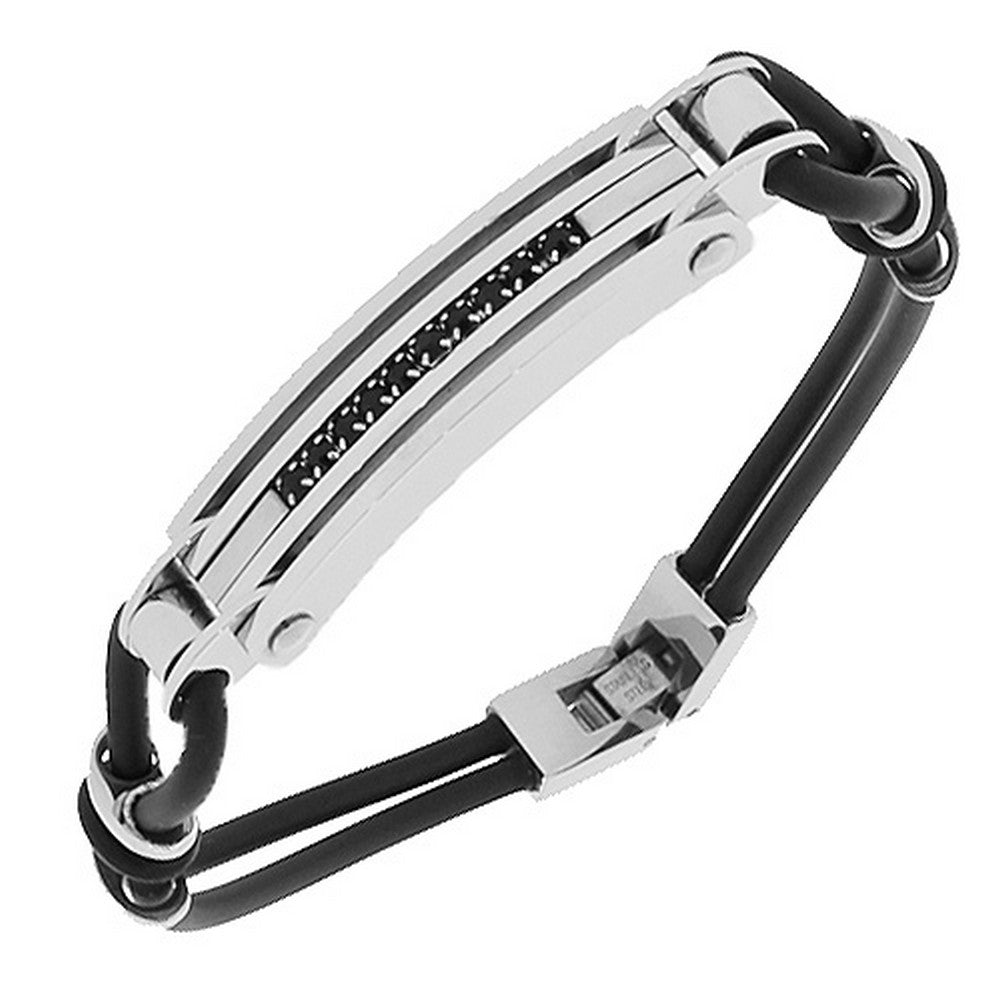 Stainless Steel Black Rubber Silicone Silver-Tone CZ Men's Bracelet