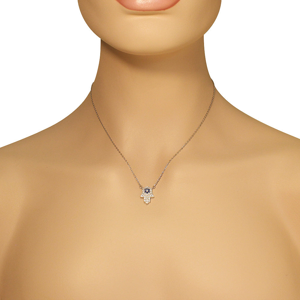 925 Sterling Silver White Blue CZ Hamsa Good Luck Pendant Necklace