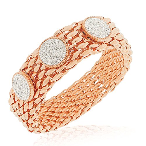 Stainless Steel Rose Gold-Tone Clear CZ Mesh Stretch Circles Bracelet