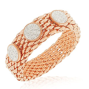 Stainless Steel Rose Gold-Tone Clear CZ Mesh Stretch Circles Bracelet