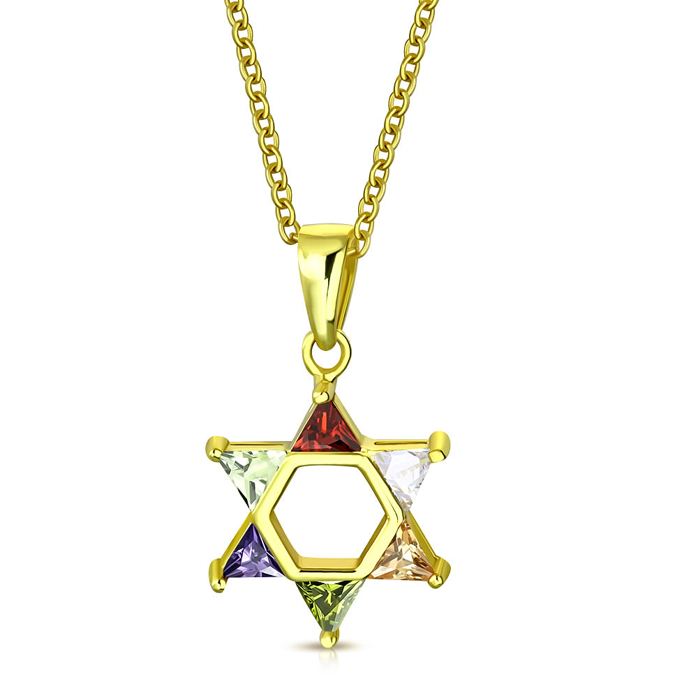 925 Sterling Silver Yellow Gold-Tone Jewish Star of David Multicolor CZ Pendant Necklace