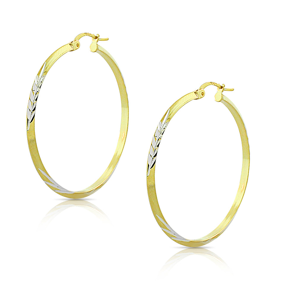 Sterling Silver Two-Tone Floral Design Round Hoop Earrings, 1.50"
