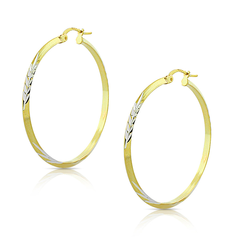 925 Sterling Silver Two-Tone Floral Design Round Hoop Earrings, 1.50"