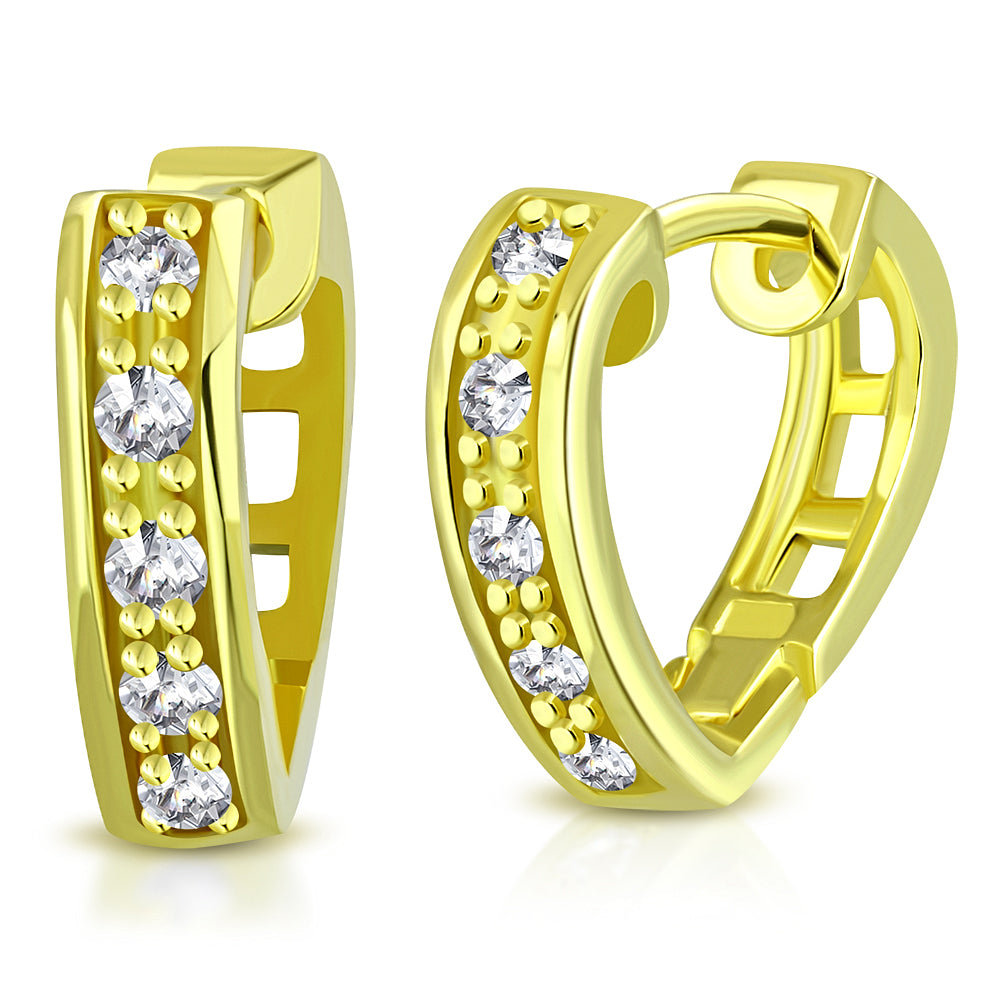 925 Sterling Silver Yellow Gold-Tone Clear CZ Hoop Huggie Earrings