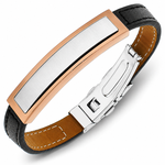 Stainless Steel Black Leather Rose Gold-Tone Silver-Tone Men's Bracelet