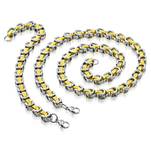 Stainless Steel Silver-Tone Yellow Gold-Tone Greek Key Necklace Bracelet Mens Jewelry Set