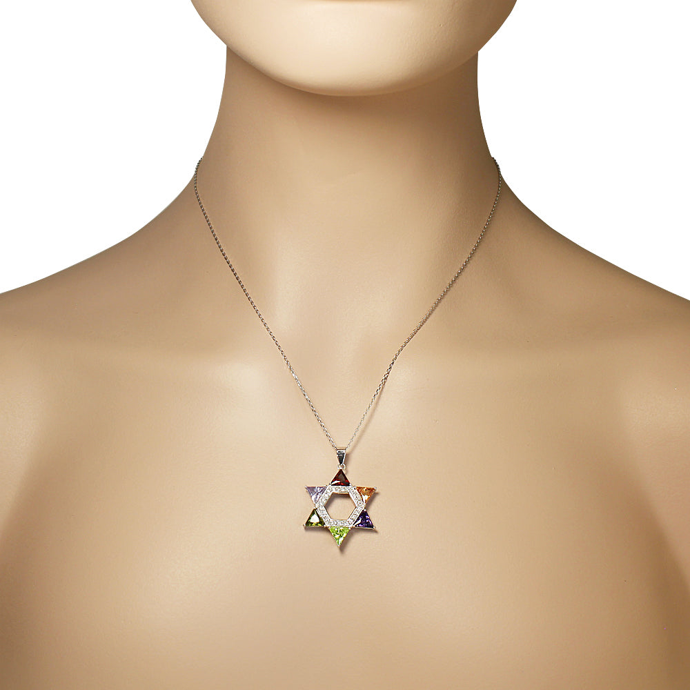 925 Sterling Silver Jewish Star of David White Multicolor CZ Large Statement Pendant Necklace