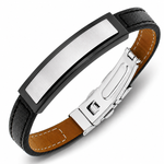 Stainless Steel Black Leather Silver-Tone Men's Bracelet