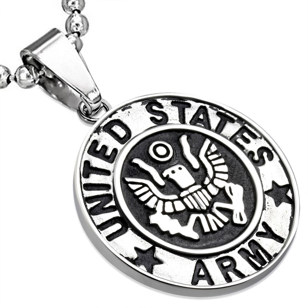 Stainless Steel Silver-Tone United States Army Eagle Pendant Necklace