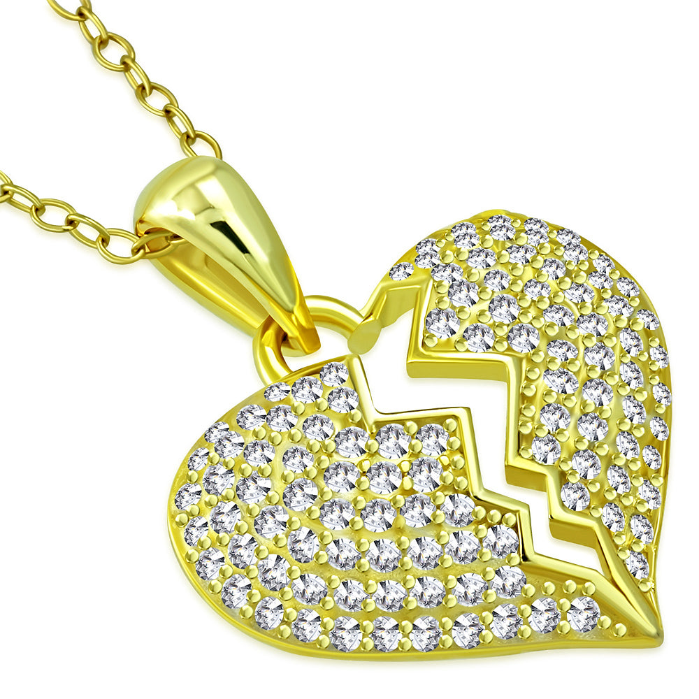 925 Sterling Silver Broken Heart CZ Pendant Necklace