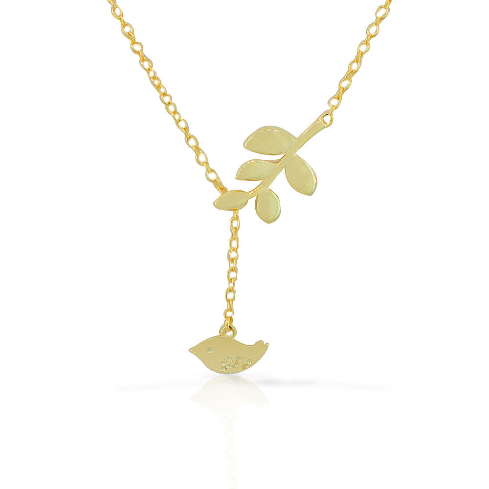 925 Sterling Silver Yellow Gold-Tone Womens Bird Branch Pendant Necklace