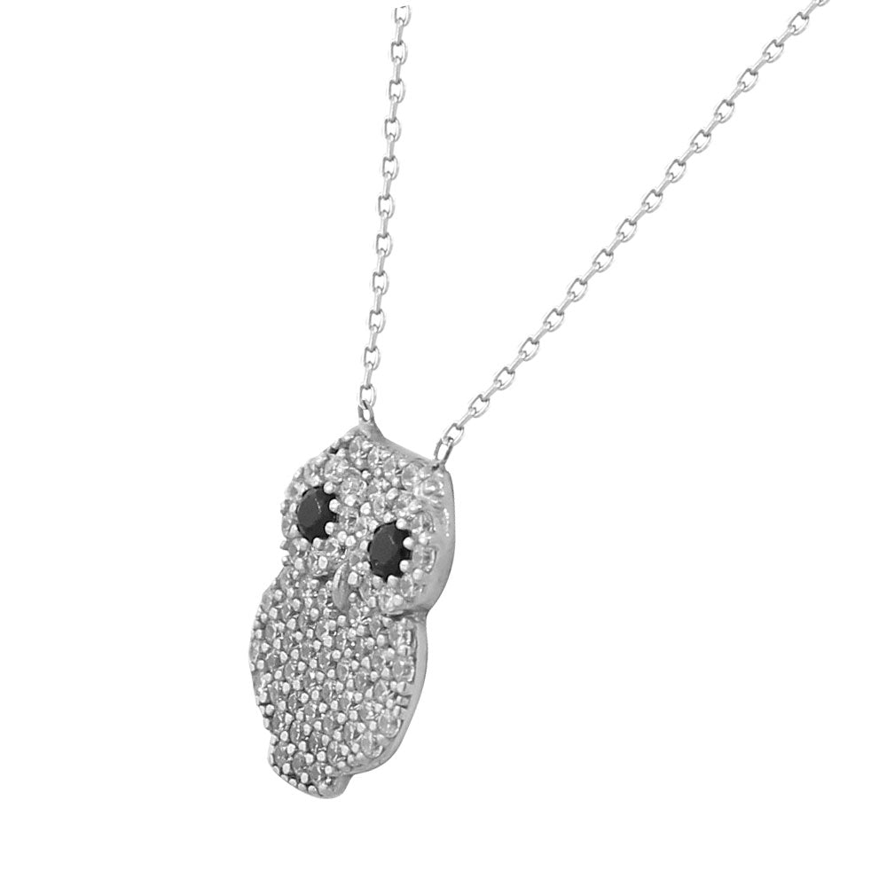 Sterling Silver White Black CZ Owl Pendant Necklace