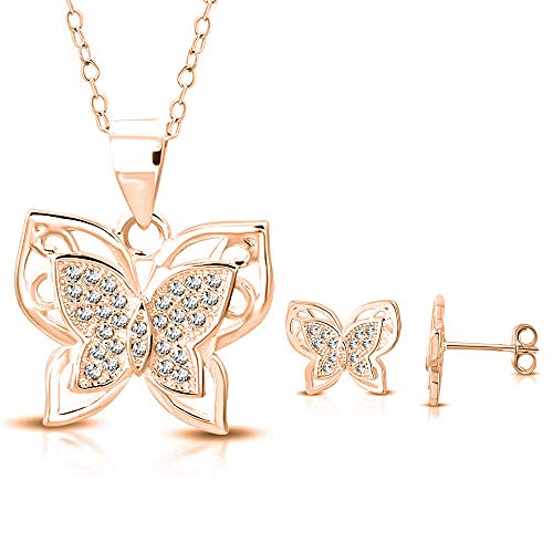 925 Sterling Silver Rose Gold-Tone Clear CZ Butterfly Pendant Necklace Stud Earrings Set