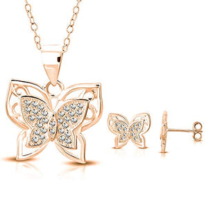 925 Sterling Silver Rose Gold-Tone Clear CZ Butterfly Pendant Necklace Stud Earrings Set