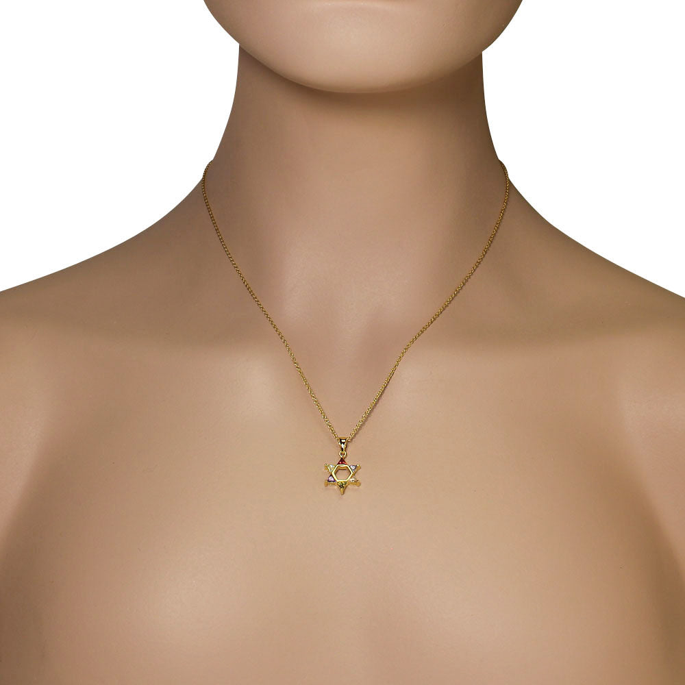 925 Sterling Silver Yellow Gold-Tone Jewish Star of David Multicolor CZ Pendant Necklace