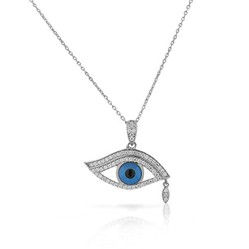 Sterling Silver White Clear CZ Evil Eye Tear Protection Pendant Necklace