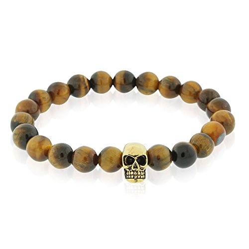 Stainless Steel Brown Tiger Eye Beads Gold Skull Mens Stretch Bracelet, 8"