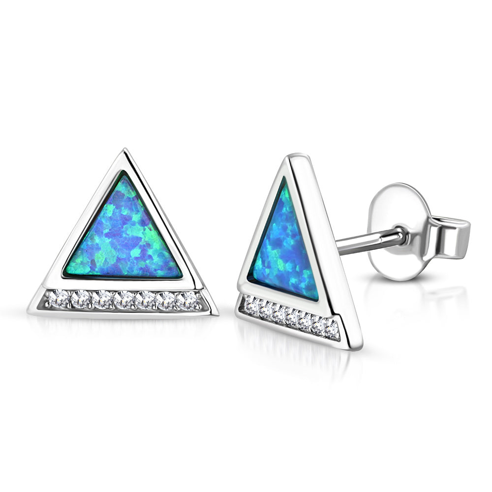 Opal Triangle Studs Earrings 925 Sterling Silver Clear CZ Simulated Blue Opal