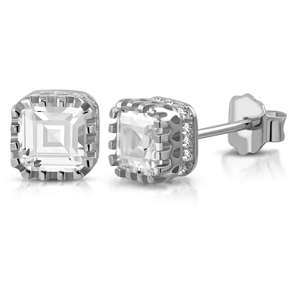 925 Sterling Silver Clear White CZ Square Stud Earrings, 0.25"