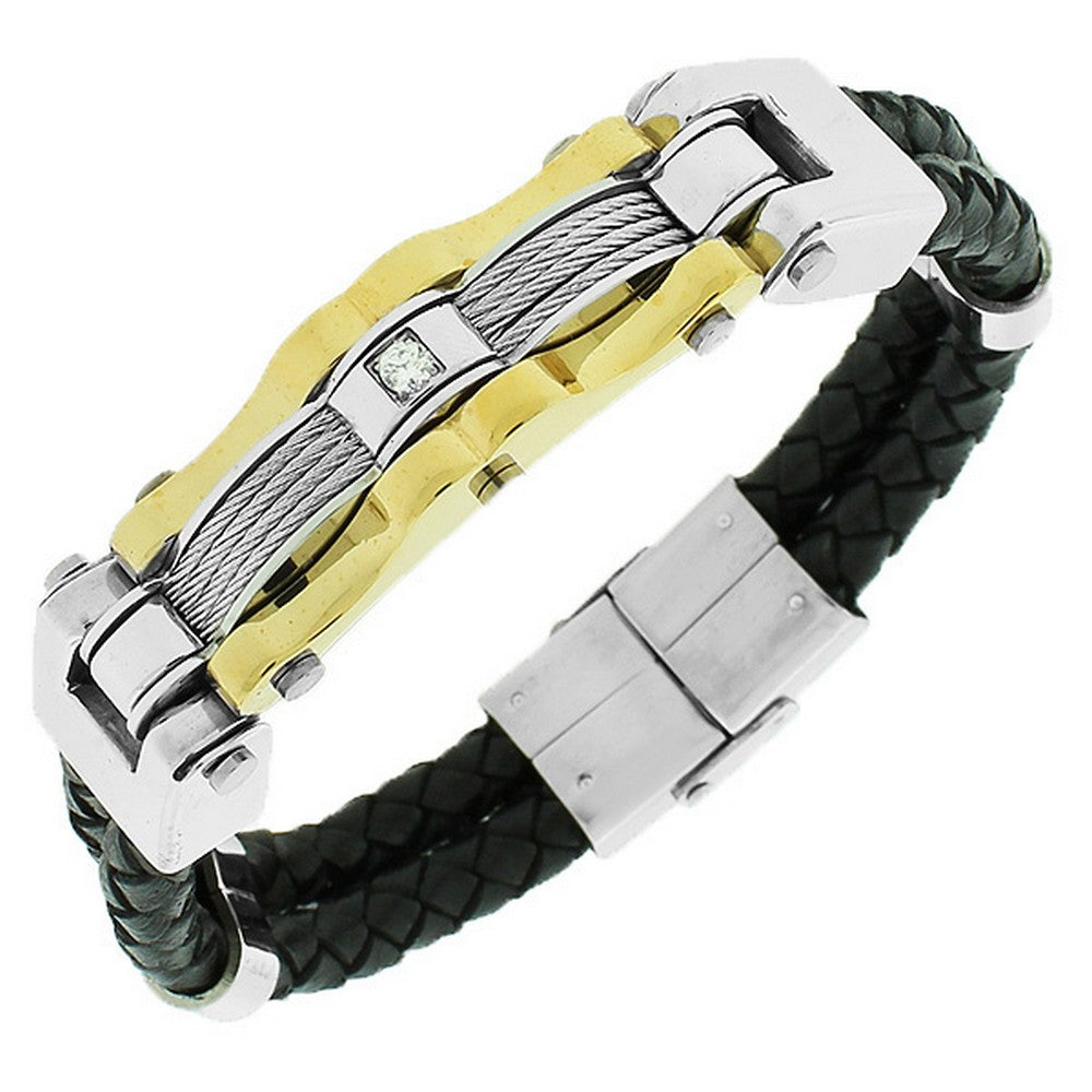 Stainless Steel Black Leather White CZ Two-Tone Wristband Men's Bracelet