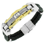 Stainless Steel Black Leather White CZ Two-Tone Wristband Men's Bracelet