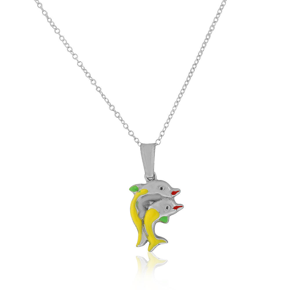 925 Sterling Silver 3D Green Yellow Enamel Two Dolphins Couple Charm Pendant Necklace
