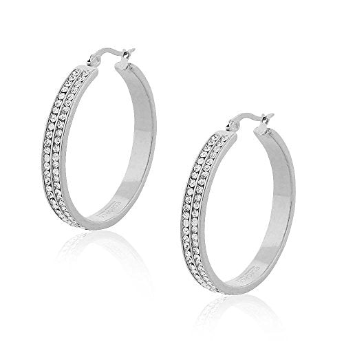Stainless Steel Silver-Tone Clear CZ Classic Hoop Earrings