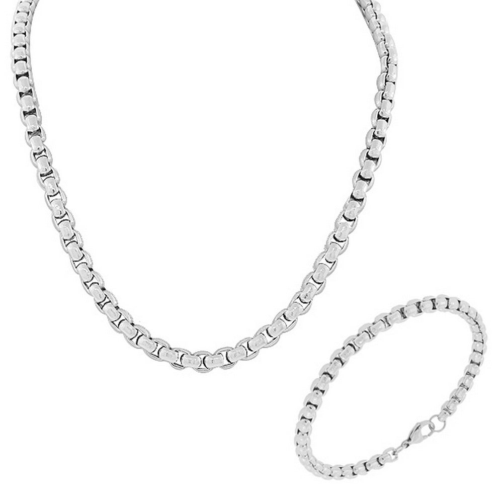 Stainless Steel Silver-Tone Mens Link Chain Necklace and Bracelet Set