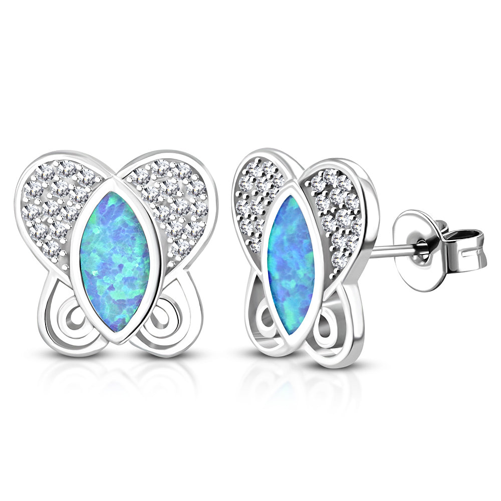 Sterling Silver White Clear CZ Blue Simulated Opal Sun Flower Stud Earrings, 0.45"