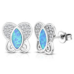 925 Sterling Silver White Clear CZ Blue Simulated Opal Sun Flower Stud Earrings, 0.45"