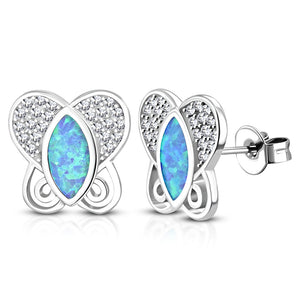 925 Sterling Silver White Clear CZ Blue Simulated Opal Sun Flower Stud Earrings, 0.45"