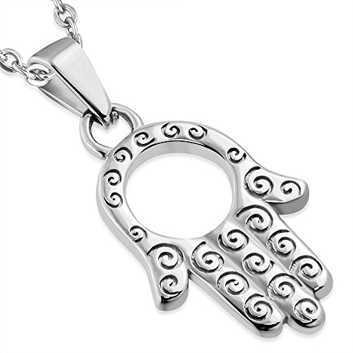 Stainless Steel Silver-Tone Hamsa Hand Protection Pendant Necklace