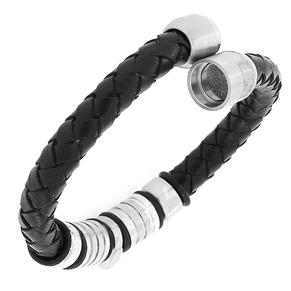 Stainless Steel Black Leather Silver-Tone Skull Men's Bracelet