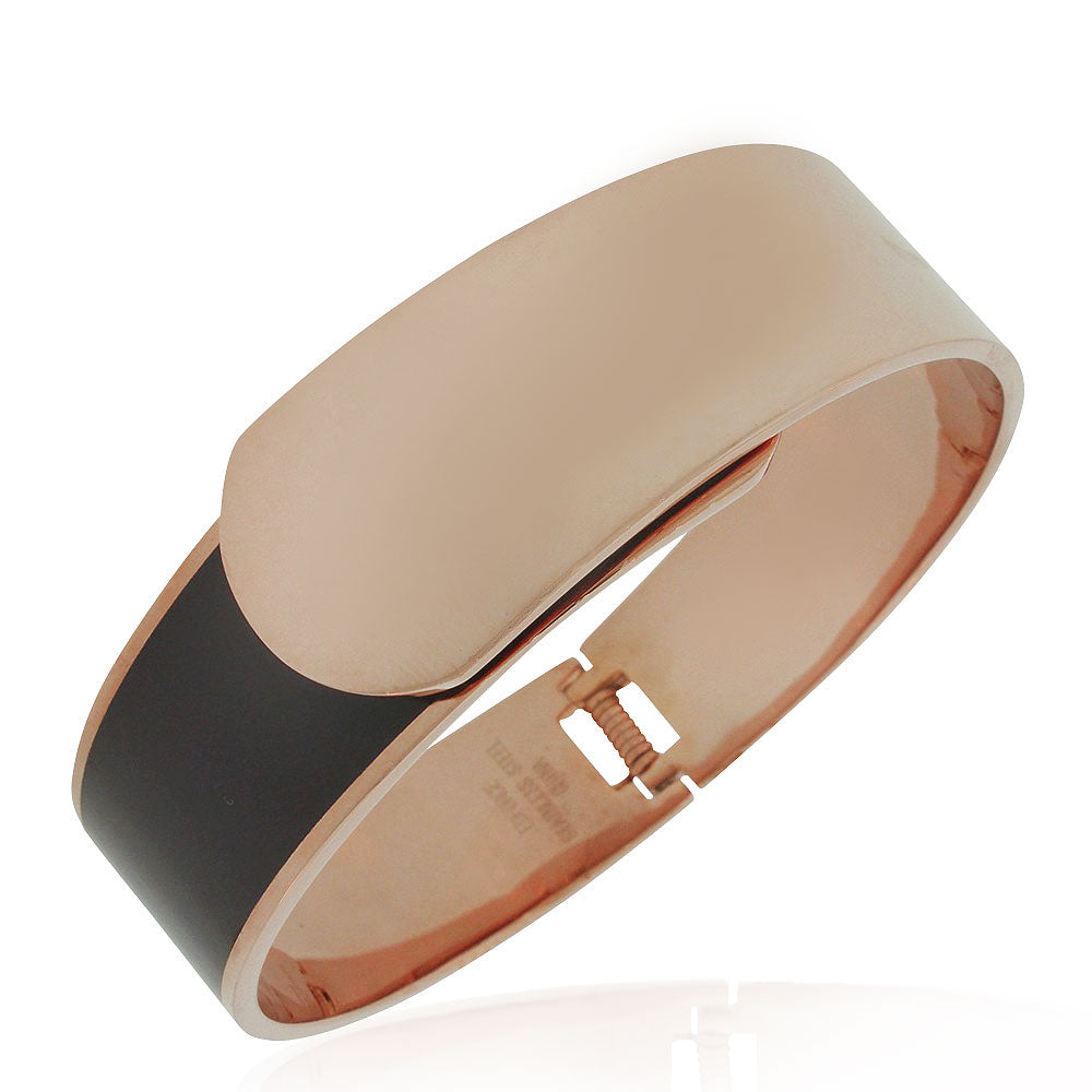 Stainless Steel Rose Gold-Tone Black Large Statement Bracelet Bangle