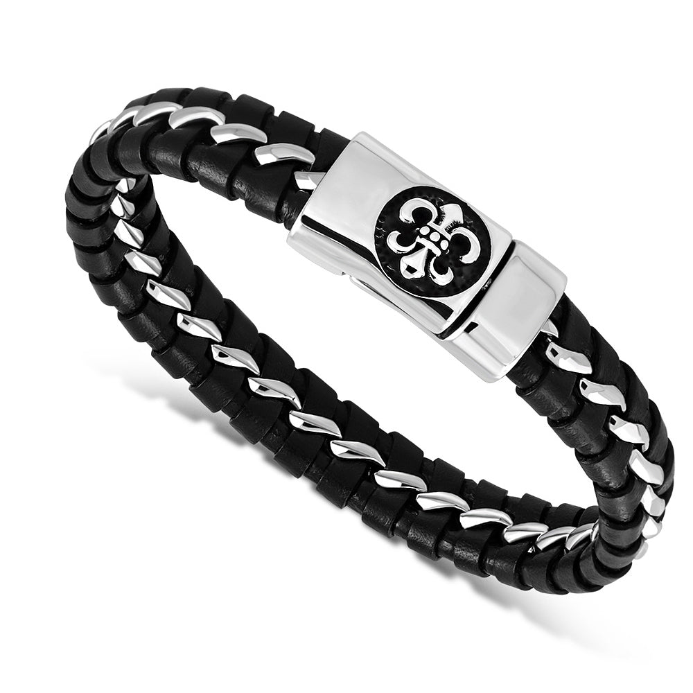 Stainless Steel Silver-Tone Black Leather Braided Fleur De Lis Wristband Bracelet, 8.5"